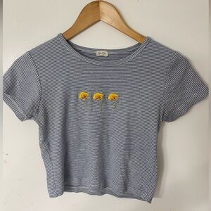 Brandy Melville John Galt Blue Striped Crop Top Baby Tee with Floral Embroidery